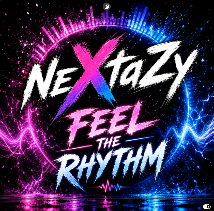 Identité visuelle NeXtaZy Feel the Rhythm, éclairs électriques roses et bleus